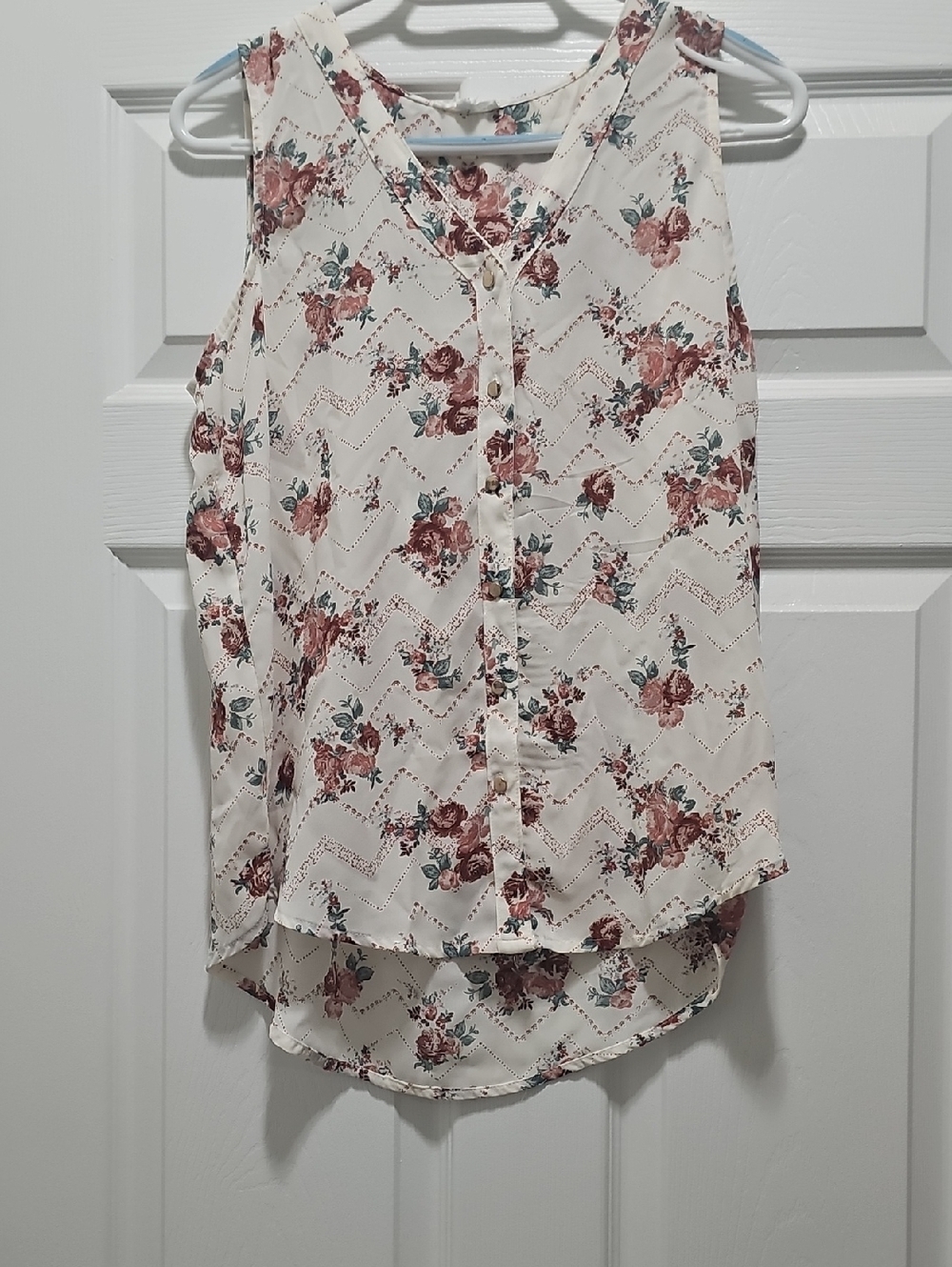 Maurices Cream Floral Sleeveless Top with Rose and Teal Accents